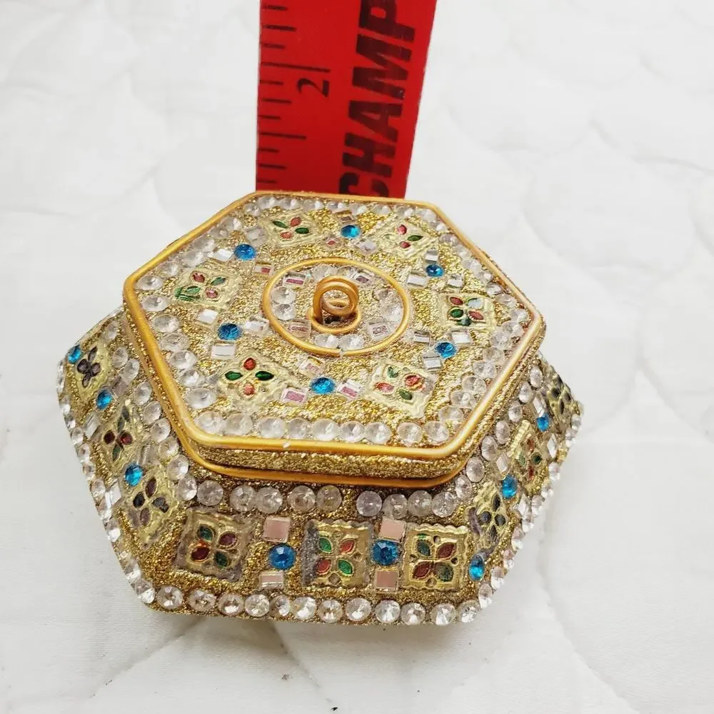 Vintage Two's Company Bejeweled Gold Trinket Box India Made 90s Jewelry Box Cute